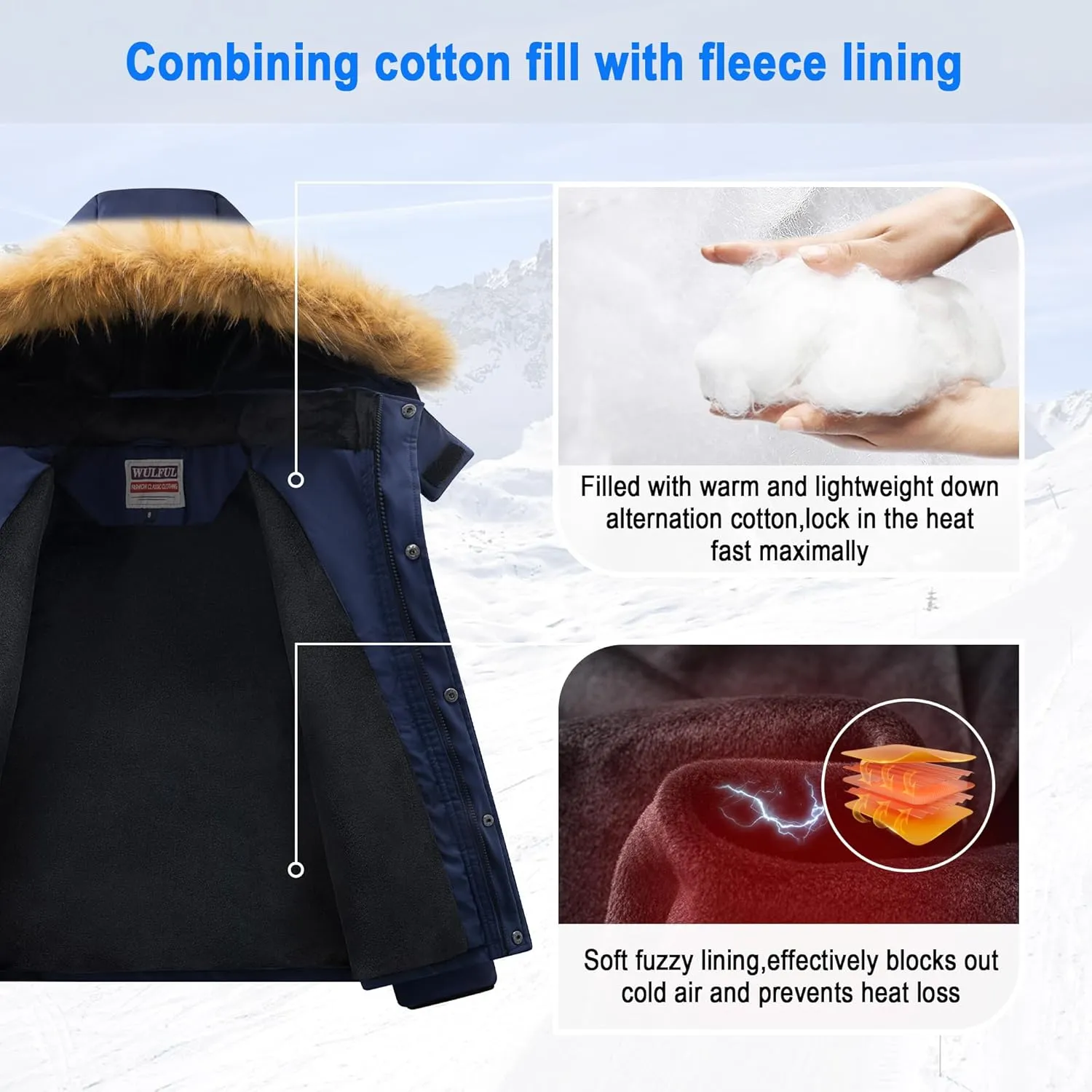 WULFUL Boy's Winter Coats Waterproof Fleece Lined Puffer Jackets Kids Thicken Outerwear With Detachable Hood