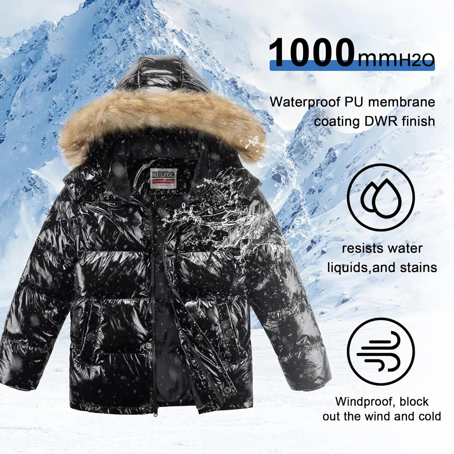 WULFUL Boy's Winter Coats Waterproof Fleece Lined Puffer Jackets Kids Thicken Outerwear With Detachable Hood