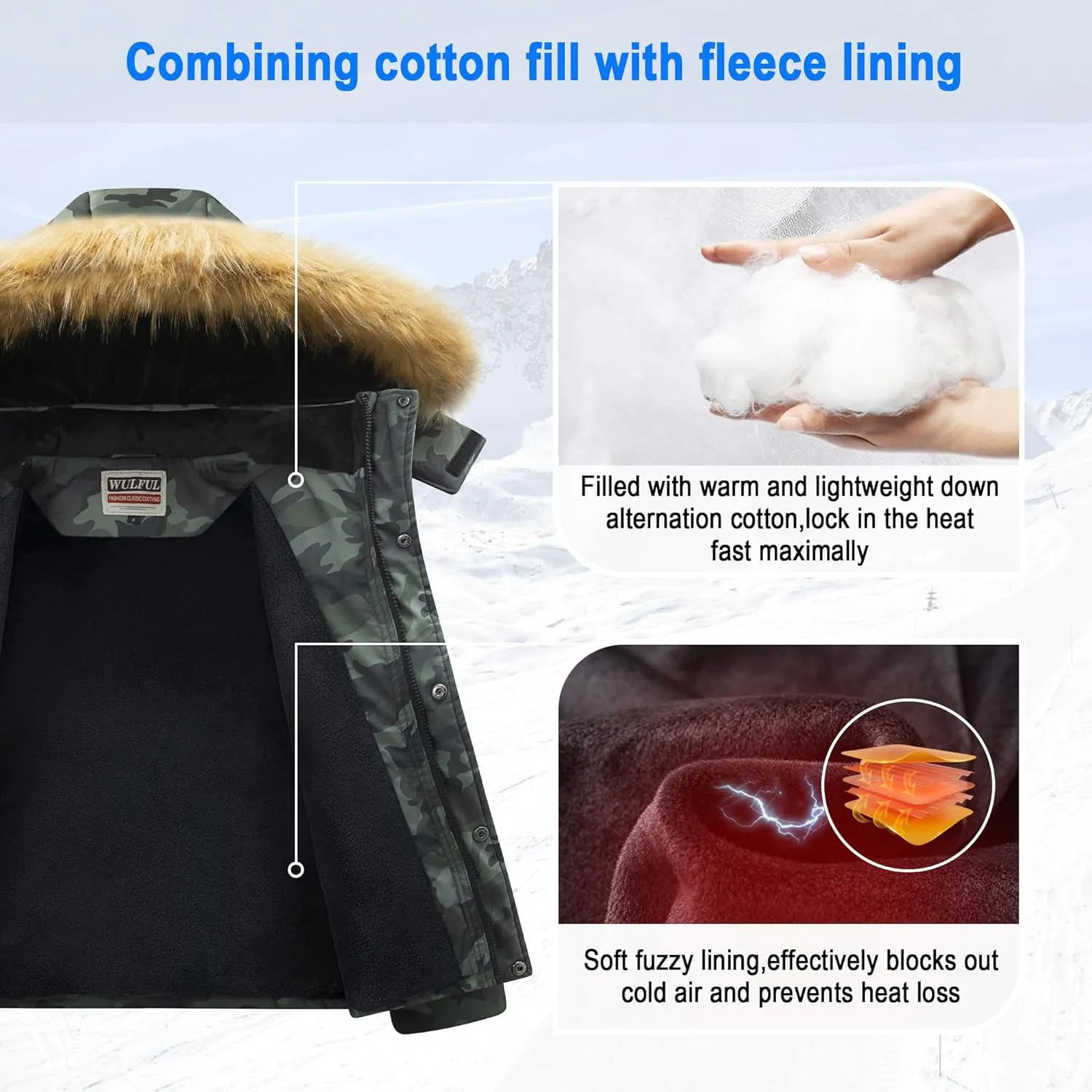 WULFUL Boy's Winter Coats Waterproof Fleece Lined Puffer Jackets Kids Thicken Outerwear With Detachable Hood