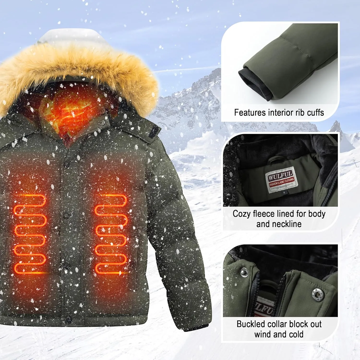 WULFUL Boy's Winter Coats Waterproof Fleece Lined Puffer Jackets Kids Thicken Outerwear With Detachable Hood