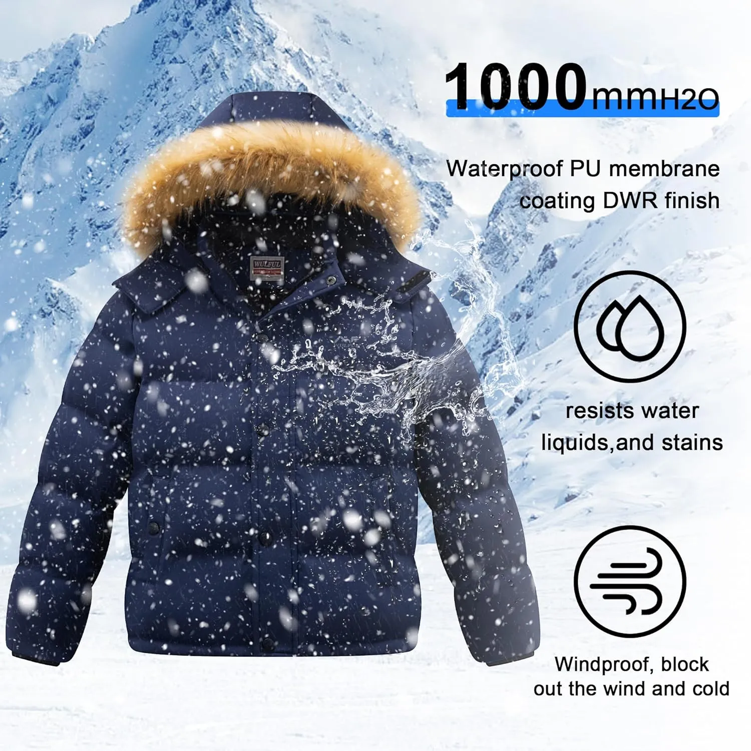 WULFUL Boy's Winter Coats Waterproof Fleece Lined Puffer Jackets Kids Thicken Outerwear With Detachable Hood