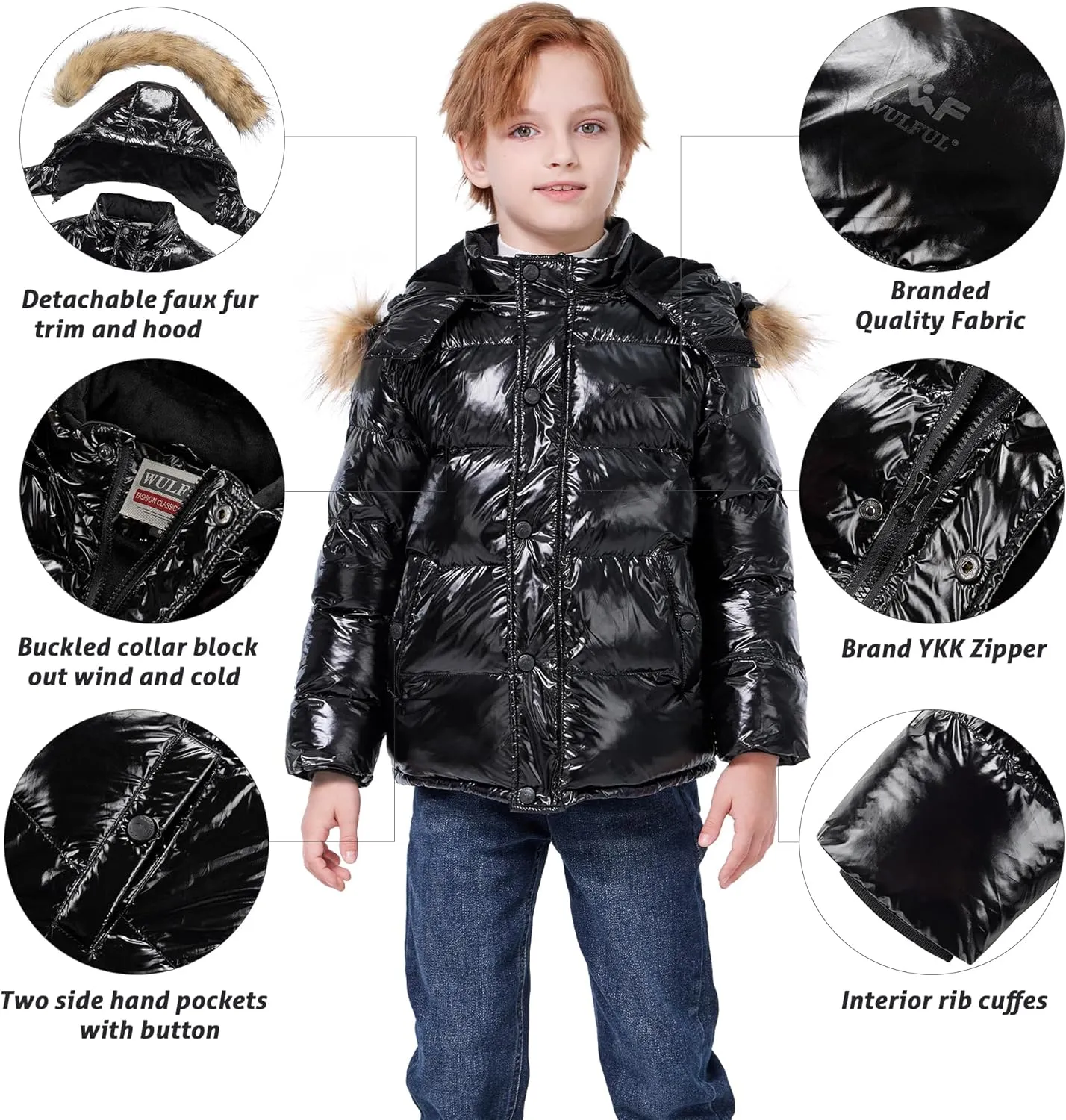 WULFUL Boy's Winter Coats Waterproof Fleece Lined Puffer Jackets Kids Thicken Outerwear With Detachable Hood