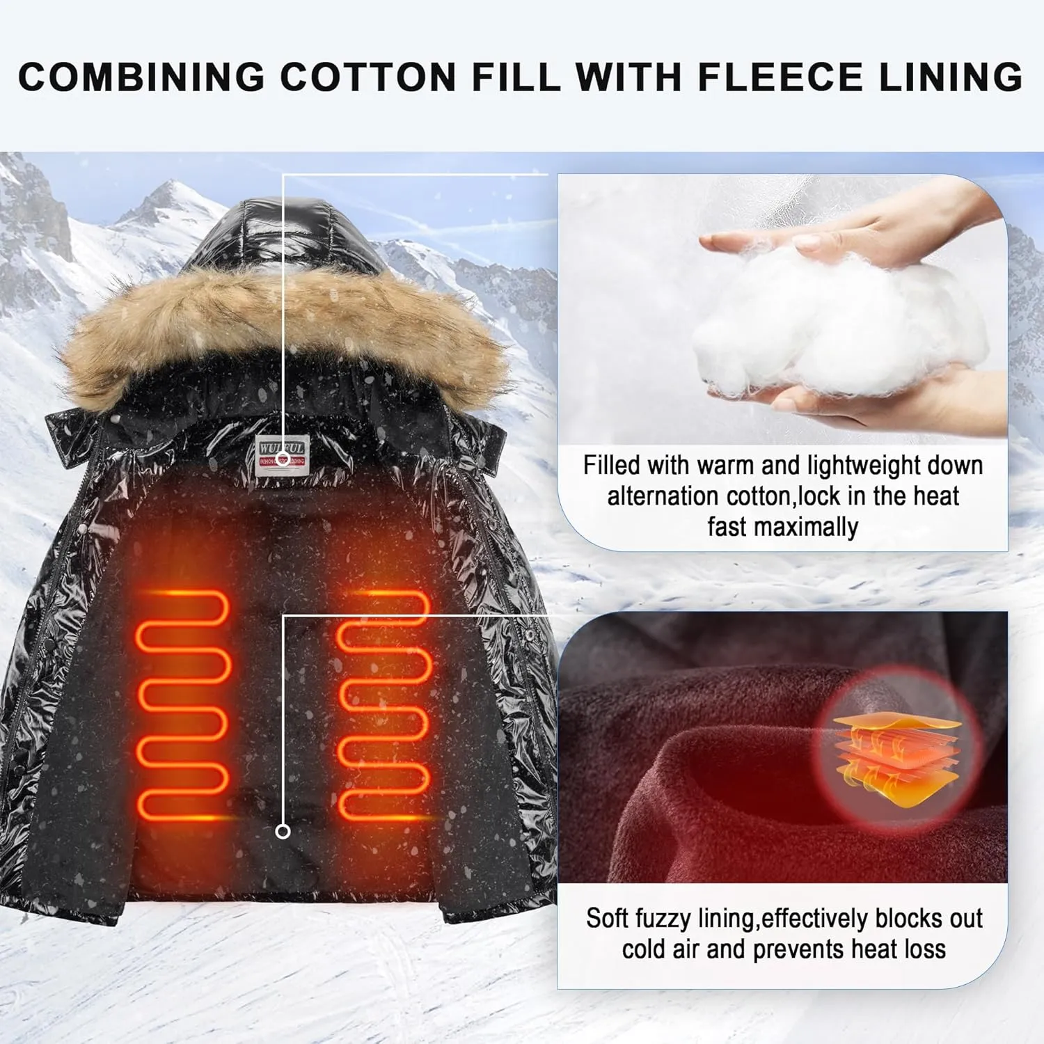 WULFUL Boy's Winter Coats Waterproof Fleece Lined Puffer Jackets Kids Thicken Outerwear With Detachable Hood