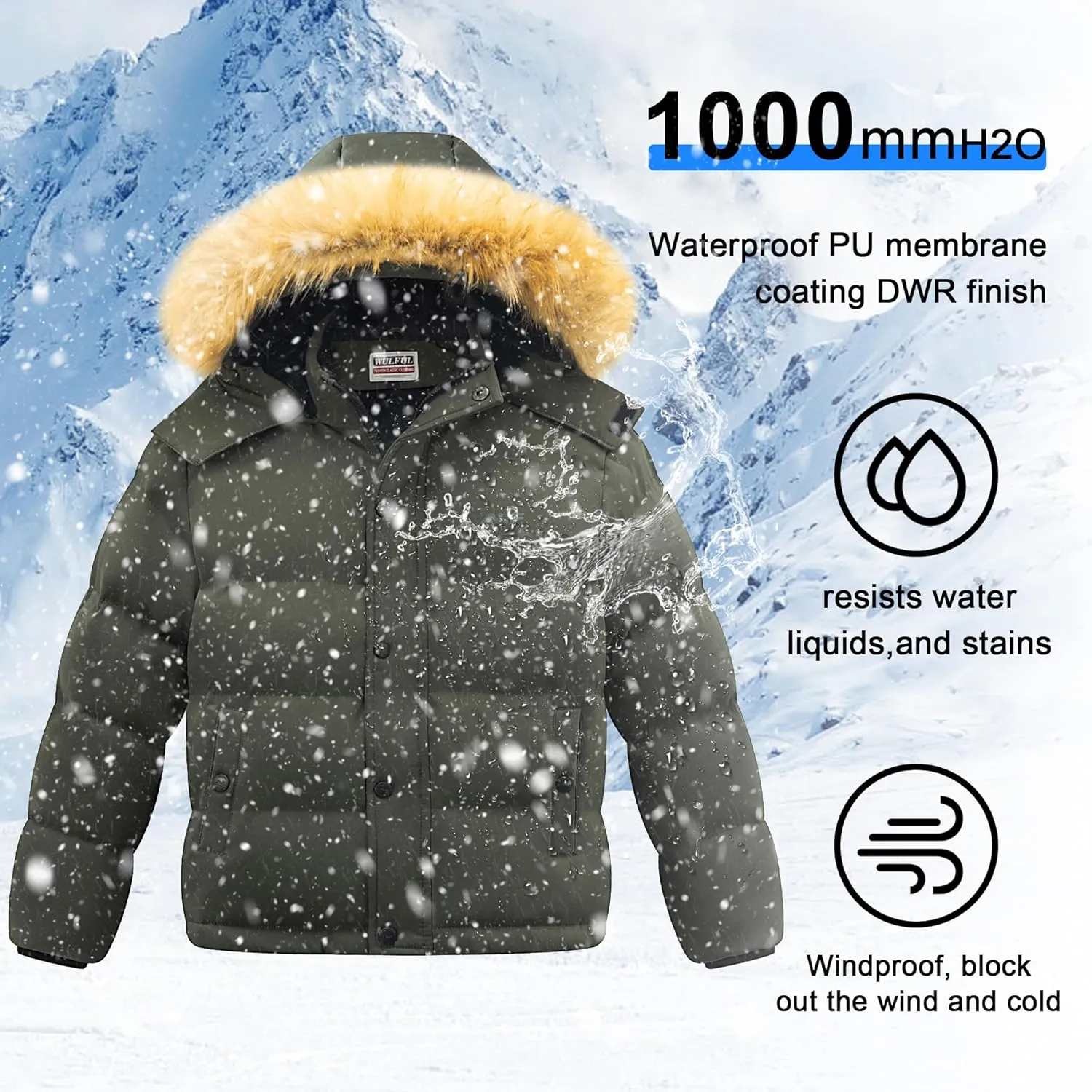 WULFUL Boy's Winter Coats Waterproof Fleece Lined Puffer Jackets Kids Thicken Outerwear With Detachable Hood