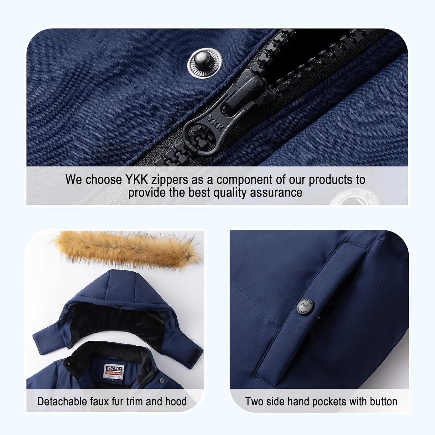WULFUL Boy's Winter Coats Waterproof Fleece Lined Puffer Jackets Kids Thicken Outerwear With Detachable Hood